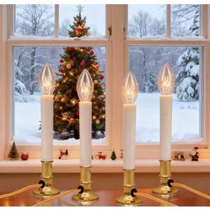 4 Pack-Electric Christmas Window Candle Lamp with Golden Plated Base, Flameless Taper Candles with C26 Clear Lights BulbPlug in Candles for Christmas Window, Weddings, Home Decor and Lighting