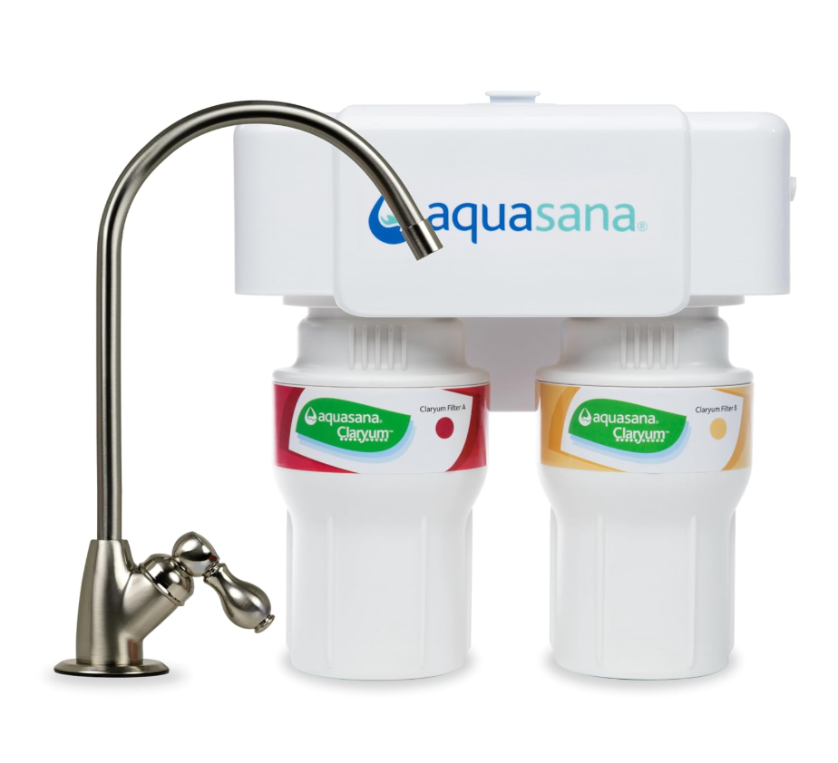 Aquasana Under Sink Water Filter System - Reduces PFAS, Lead, & Chlorine in Drinking Water - Under Counter Claryum Filtration for Kitchen - 2-Stage - Brushed Nickel Faucet - AQ-5200.55