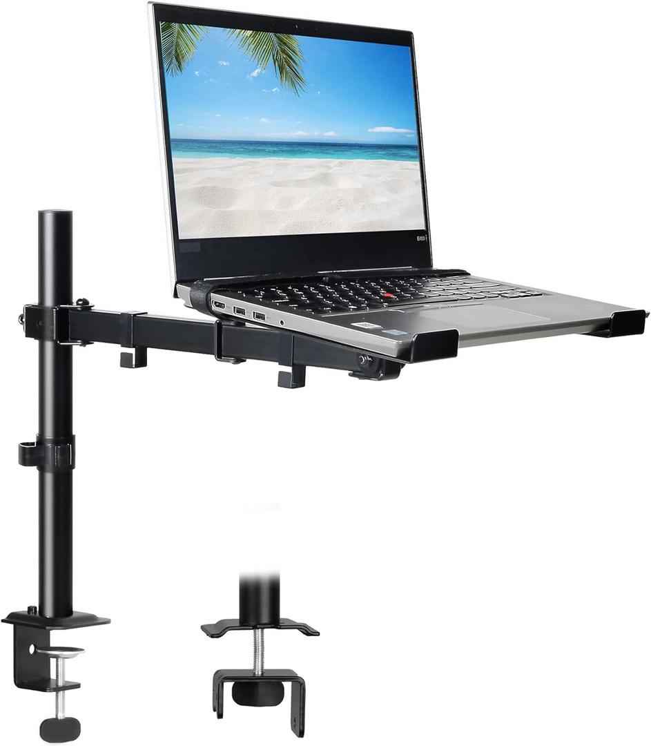Laptop Desk Mount, Single Laptop Stand Arm with Vented Tray for 17 inch Notebook or 14-32 Monitor, Holds up to 17.6 lbs, Fully Adjustable, Clamp/Grommet Mounting, VESA 75/100mm (Black)