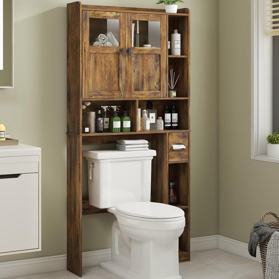 Vabches Over The Toilet Storage Cabinet, Bathroom Shelf Over Toilet with Glass Doors and Adjustable Shelves, Brown Freestanding Home Space Save Toilet Rack, for Restroom, Bathroom, Laundry, W31.69''