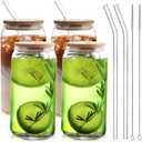 HOMBERKING Glass Cups with Bamboo Lids and Straws 4pcs Set, 16oz Can Shaped Drinking Beer Glasses, Iced Coffee Cups, Cute Tumbler Cups with 1 Cleaning Brush, Ideal for Cocktail, Whiskey, Tea, Gift (4 Packs, Clear)
