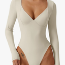 QINSEN Women's Long Sleeve Bodysuit V Neck Body Suits Seamed Cup Going Out Tops Shirt(M)