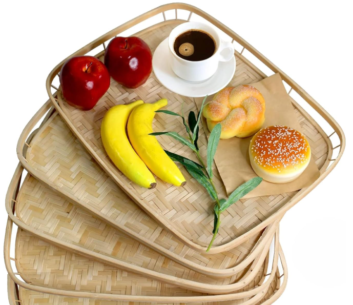 PEMAR Set of 4 Bamboo Wicker Serving Trays for Foods & Drinks, Rectangular Breakfast Lap Trays with Handles Wooden Decorative Platters for Coffee Table, Bed Eating