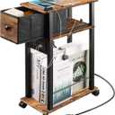 Side Table with Charging Station and Drawer, Narrow End Table with USB Ports and Outlets for Small Space, Living Room, Bedroom and Office, with 4 Wheels (1, Rustic Brown + Black)