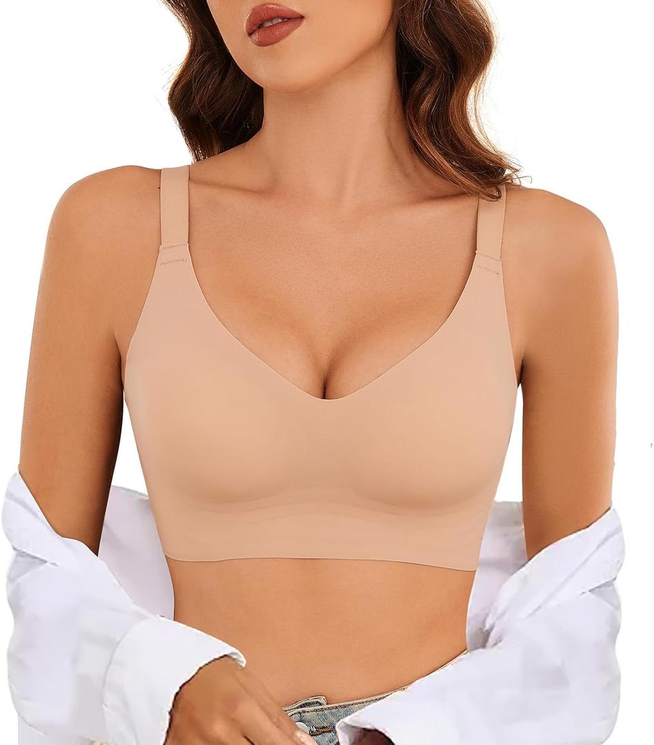 Bra for Women, Seamless Deep V Wireless Smooth Bra - Push Up, No Underwire, Bralettes - Full Comfort for Sport & Everyday (Medium, Peach)