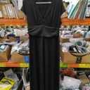 Women's Deep V Neck Short Sleeve Long Dresses Pleated High Waist Slit Club Party Evening Maxi Dress Side Panel Dress, L