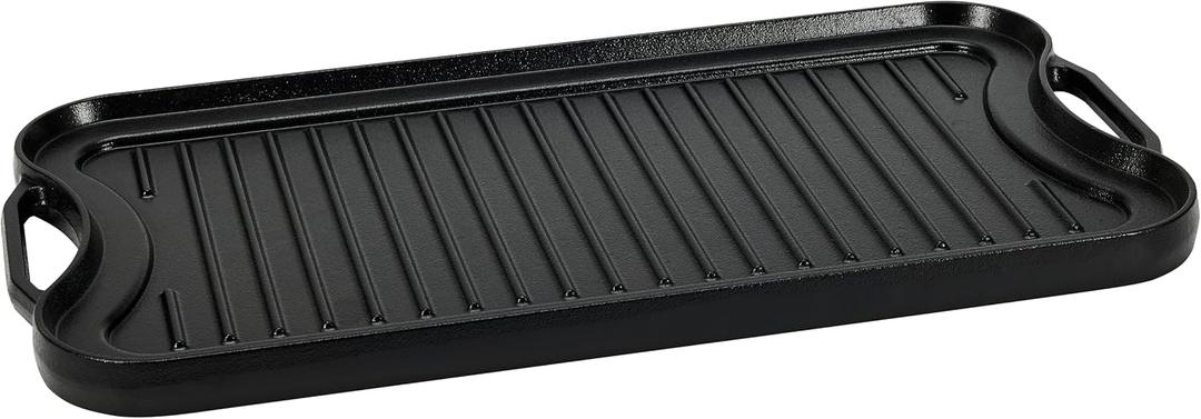 Amazon Basics Pre-Seasoned Cast Iron Reversible Rectangular Grill/Griddle with Even Heat Distribution, Black, 20 x 10.63 x 0.98 inch