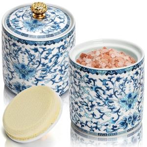 Mezchi 2 Pack Blue and White Porcelain Salt Cellar with Lid, Vintage Ceramic Salt Containers for Countertop, Small Airtight Salt Storage Box, Seasoning Holder, Spice Jars for Sugar, Candy, Herbs