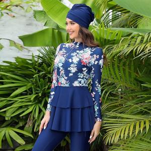 Muslim Swimsuits for Women Long Sleeve Built-in Bra Swimming Tops + Swimming Pants + Hijab Burkini Full Cover Swimwear M