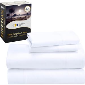 California Design Den Certified 100% Egyptian Cotton Sheets Queen Size Bed Set - Crisp Percale Queen Sheet Set Deep Pocket, Cool & Durable Luxury Bedding - White