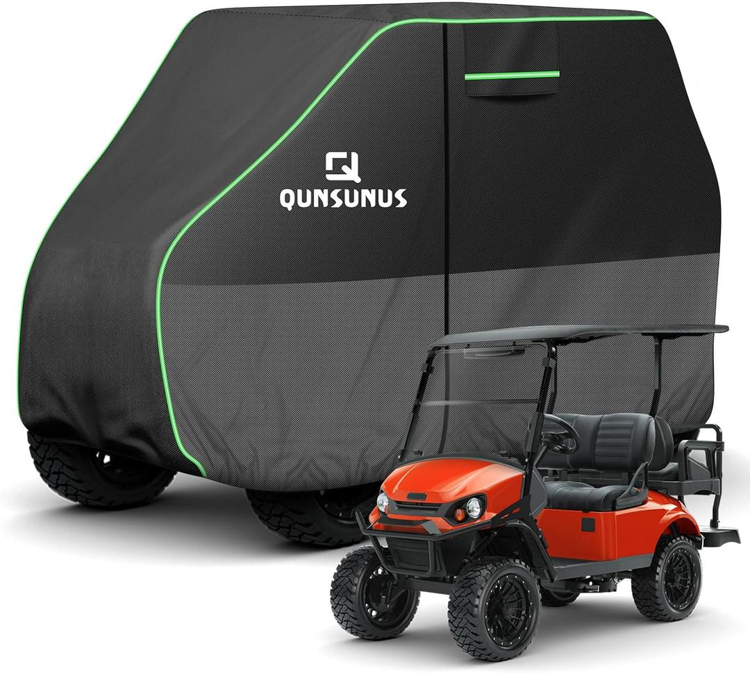 QUNSUNUS Waterproof Golf Cart Cover 2/4/4+2 Passenger, Universal Fit for Yamaha, Honda, Club Car, EZGO and Most Brands, Heavy Duty 4 Seater Golf Cart Cover with Zipper and Straps (Black)