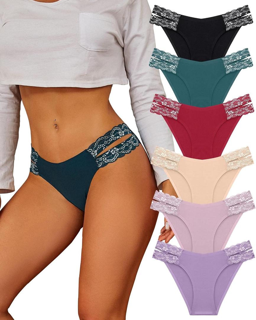 FINETOO Seamless Underwear for Women Cheeky Bikini Panties High Cut V-waist Lace Underwear Women Cute Bikinis 6 Pack M