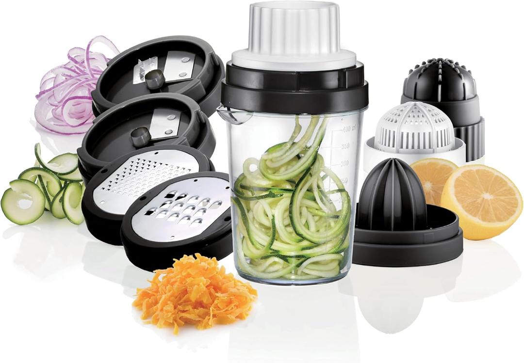 Nourished Essentials 8-in-1 Spiralizer Juicer Grater Set of 9 - Compact Plastic Vegetable Noodle Maker with Stainless Steel Blades - Dishwasher Safe - Spiralizer for Veggie Noodles