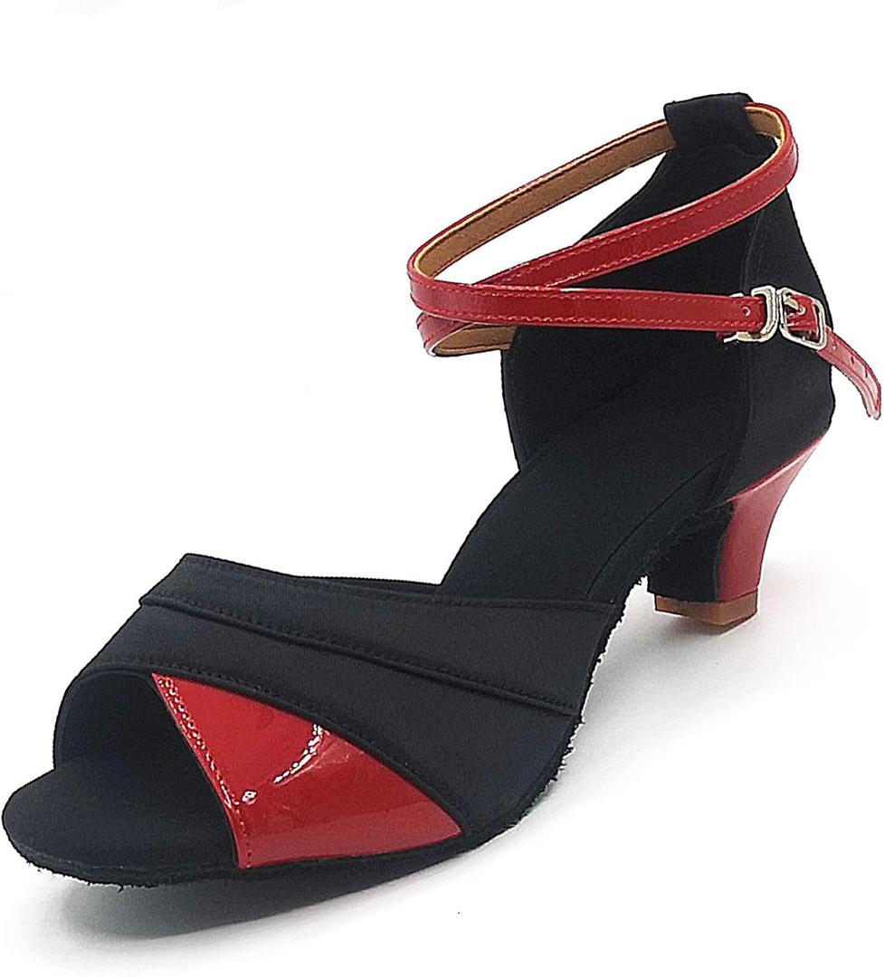 Women's Latin Salsa Dance Shoes,Black Satin Ballroom Heels,Cross-Strap Professional Practicing Shoes (7, Red 1 Inch)