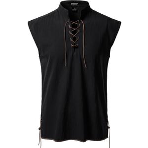 JEMITOP Men's Retro Pure Cotton Lace Up Sleeveless Shirts for Pirate Renaissance Medieval Viking Costume (Large, Black)