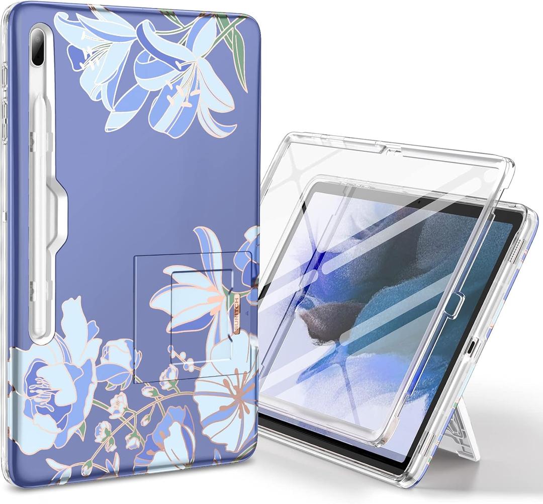 SURITCH for Samsung Galaxy Tab S7 FE Case for Tablet S7+ Plus, S8+ Plus, Built-in Screen Protector & S Pen Holder Full Body Shockproof Protective Cover with Foldable Kickstand, Blue Lilly