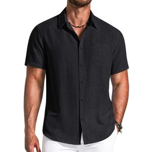 COOFANDY Men's Button Down Shirts Short Sleeve Casual Shirt Summer Beach Textured Shirts (Black, XL)