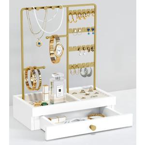 Goozii Gold Jewelry Stand Organizer Necklace Holder, Birthday Gifts for Women Girls, Small Jewelry Stand for Earrings Rings Bracelets, Velvet Jewelry Hanger Tree, Mothers Day Gifts - White and Gold