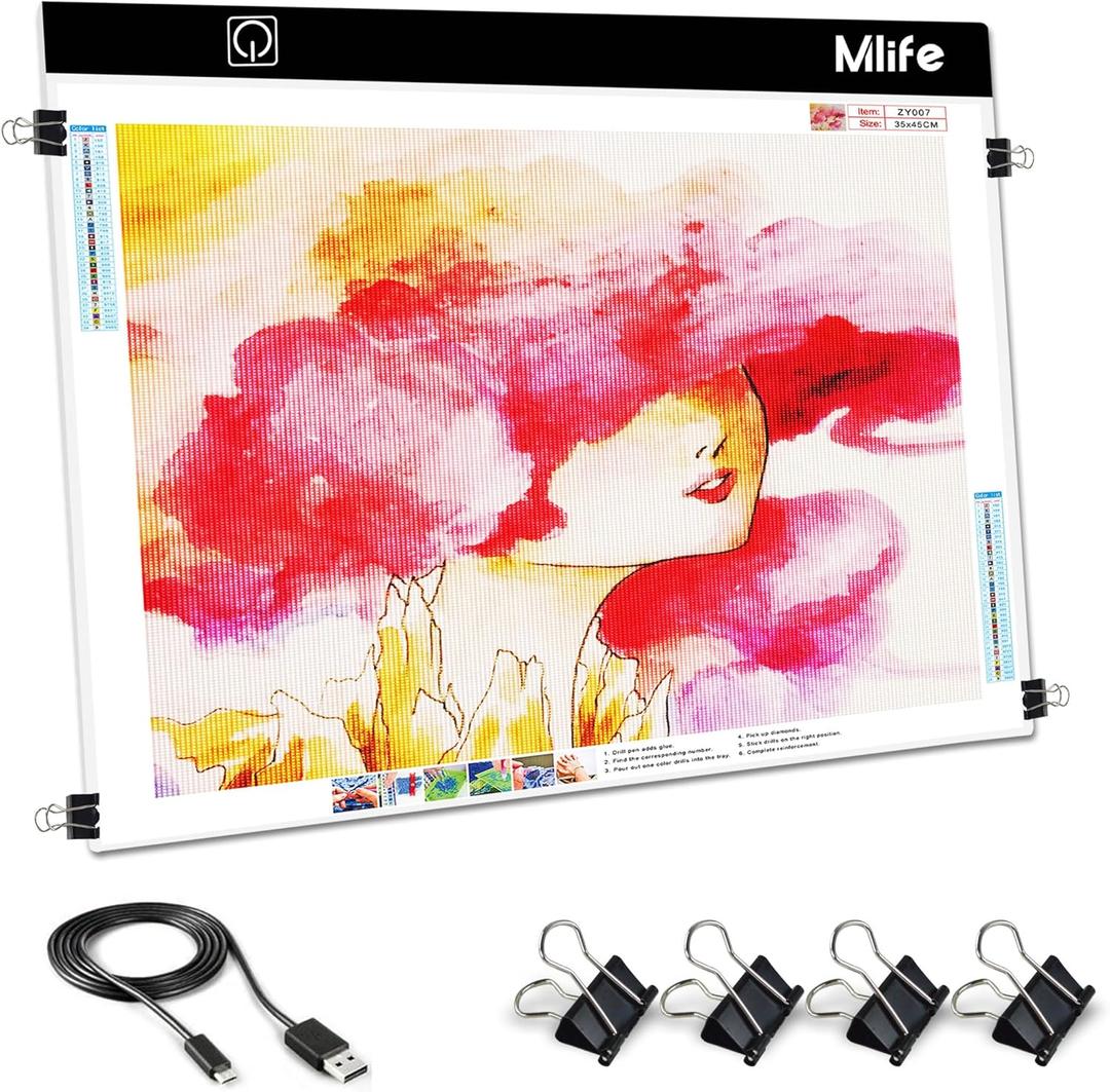 Mlife A2 LED Light Pad for Diamond Art Painting Light Board with 3 Brightness, Tracing Light Board with USB Cable & 4 Fasten Clips for Sketching, Animation, Drawing, Diamond Art Painting Supplies