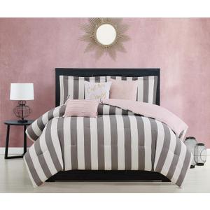 Juicy Couture Cabana Stripe Reversible Bedding Set - King Size - Grey and White Stripe Print  6 Piece Set  Includes 1 104" x 90" Comforter, 3 Decorative Pillows, 2 Shams