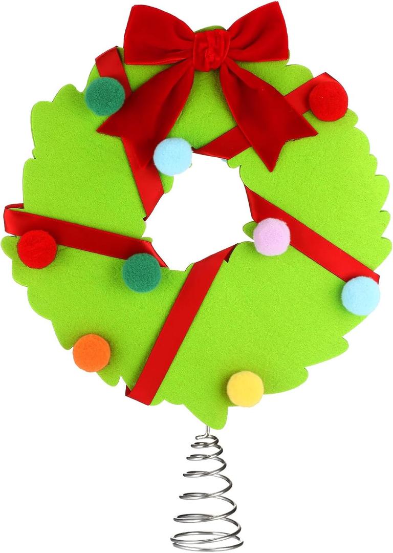 Christmas Tree Toppers 10 Inch Lime Green Wreath Treetop Decor with Red Bow and Colorful Balls Xmas Treetop Wreath Ornaments for Holiday Christmas Tree Top Presents Home