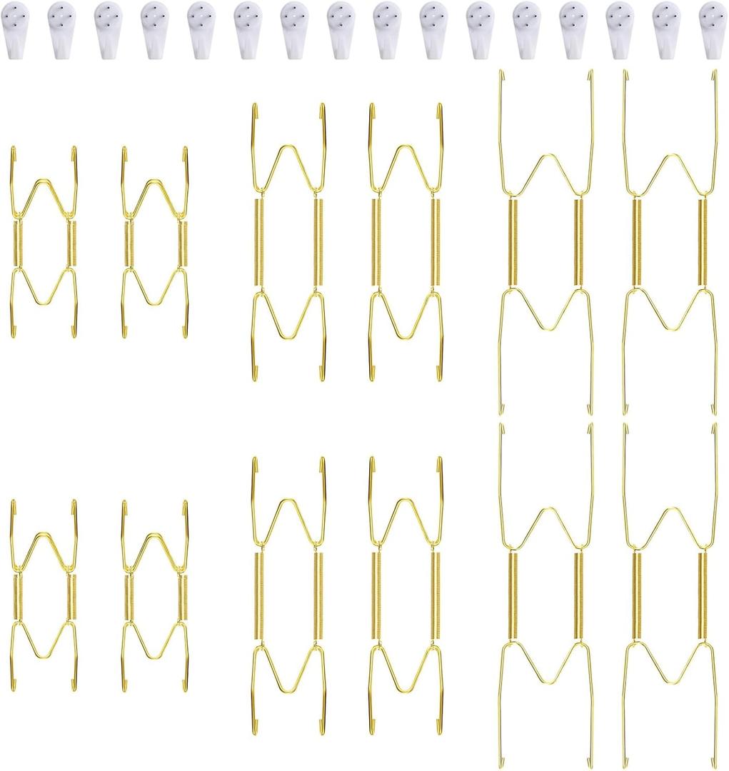 12 Piece Plate Hangers, 4/6/8 Inch Invisible Brass Wall Plate Hangers, Comes with 16 Piece Wall Hooks for Decorative Plates