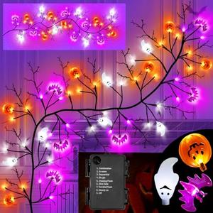 6FT 54 LED Halloween Willow Vine Twig Garland with Orange Purple White Lights & 8 Model Timer &7 Pumpkin Bat Ghost,Battery Operated Halloween Decorations Garland for Mantel Table Indoor Home Decor