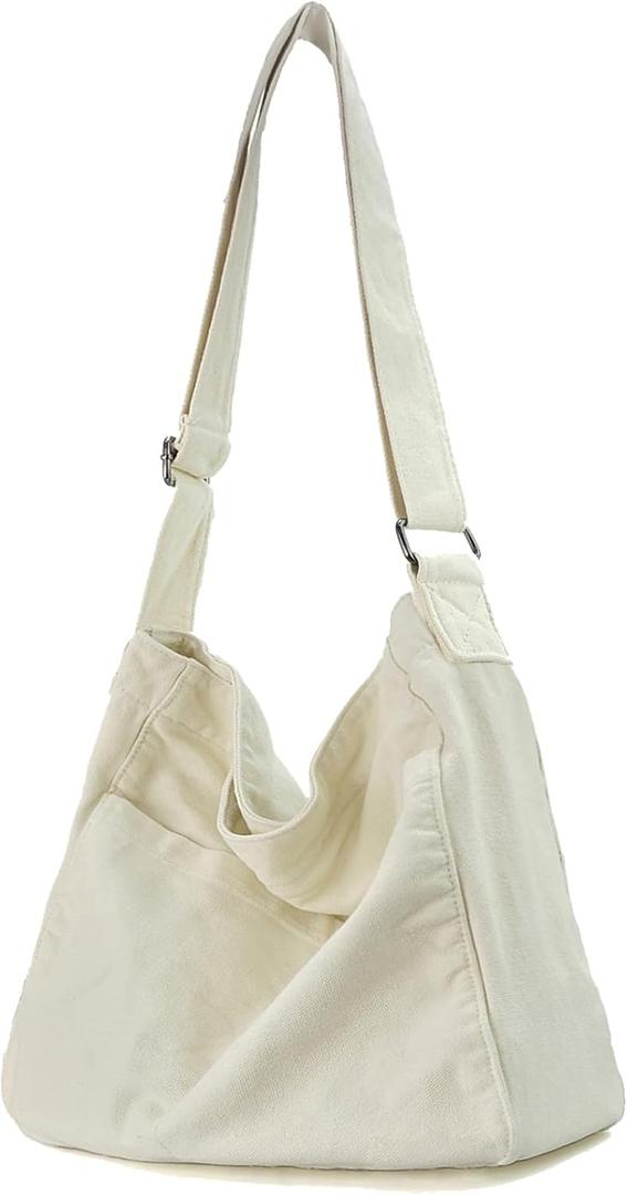 Canvas Crossbody Shoulder Bag Casual Hobo Bag Travel Tote Bag Messenger Bags Cute Large Purse for Women (White)