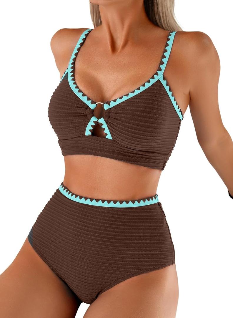 Herseas Women's Textured Bikini Sets O Ring Swimsuits Whip Stitch High Waisted Bathing Suits 2026 Summer Beach Wear (Brown, L)