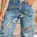 Flamingals Mid-Rise Vintage Floral Straight Leg Pants for Women Summer Casual Denim Pants Deep Blue L