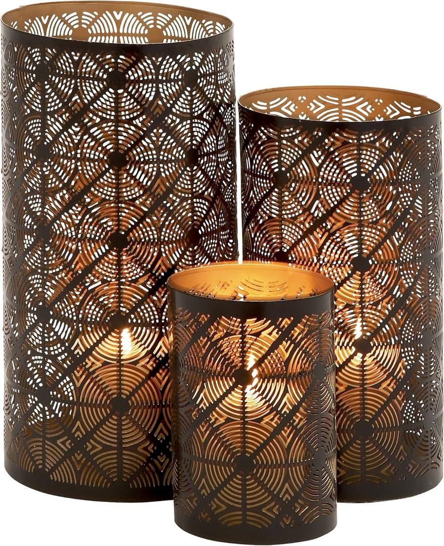 Deco 79 Metal Geometric Indoor Outdoor Candle Lantern Decorative Lantern Candle Holder, Set of 3 Lantern 12", 10", 6"H, Dark Brown