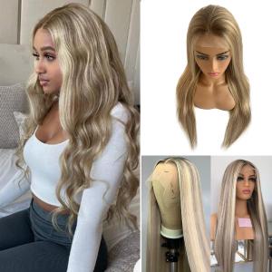 Ombre Blonde Lace Front Wig Human Hair,Highlights Ash Brown to Golden Blonde Straight Remy Human Hair Wigs Pre Plucked Hairline 13x4 Lace Frotal Wigs for White Women 24" 150% Density (#Highlights 8/18/60)