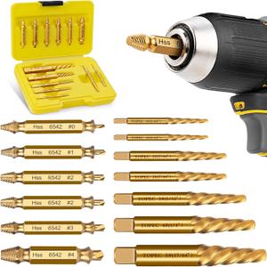 Topec Damaged Screw Extractor Set, 13 PCS Stripped Screw Removal Tool with HSS 6542 Drill Bits, Small Easy Out for Broken Bolts, Gifts for Men (Golden)