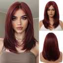 Wine Red Wigs for Women Medium Length Long Straight Wig with Curtain Bangs Synthetic Hair Heat Resistant Wigs for Everyday Party Cosplay Wear