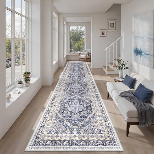 zesthome Washable Runner Rug 2.5x12 - Stain Resistant Entryway Rug,Ultra-Thin Kitchen Rugs, Anti Slip Backing Runner Rugs for Entrance Laundry Room Indoor Hallway (Blue/Beige,2.5'x12')