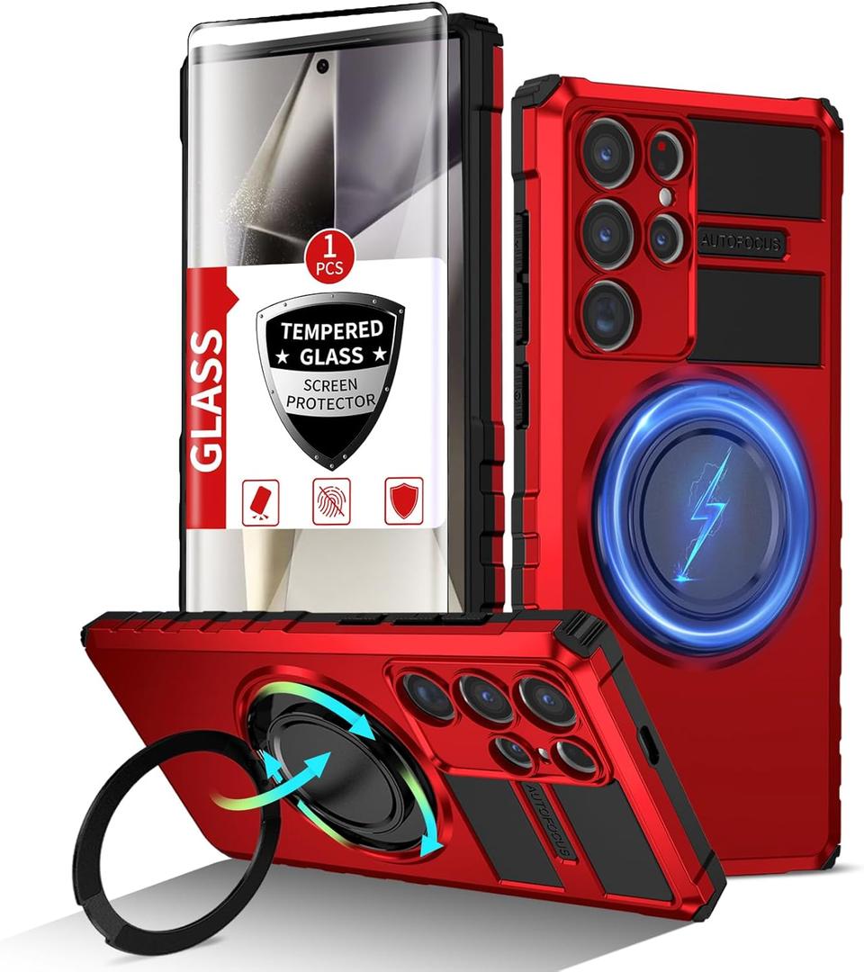 for Samsung Galaxy S24 Ultra Case Magnetic Compatible with Wireless Charging,with 1 Screen Protector,Built-in Kickstand Ring Military Grade Drop Shockproof Heavy Duty Protection Phone Red