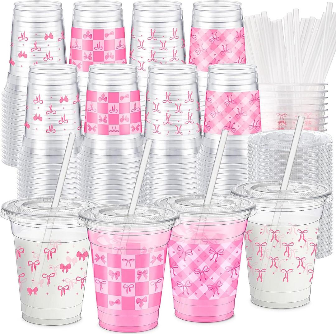 100 Sets Pink Bow Cups 12 oz Coquette Plastic Cups with Lids and Straws Disposable Bow Theme Birthday Decoration for Baby and Bridal Bachelorette Wedding Party Supplies