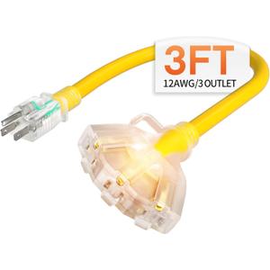 3 ft 12 Gauge Heavy Duty 3 Outlet Extension Cord Splitter with Indicator, Waterproof Outdoor Extension Cord with Multiple Outlets, 15A 1875W for Workshop, ETL Listed, Flexible Yellow SJTW
