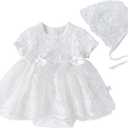 Toddler Baby Girl Long Sleeve Fall Dress Flower Lace Wedding First Birthday Baptism Christening Dresses with Hat Outfit,  Size 59 (0-3M), White Lace