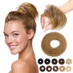 MY-LADY Messy Bun Hair Pieces Human Hair for Women Real Hairpiece Straight Scrunchies Tousled Updo Donut Chignon Ponytail Extension Golden Brown