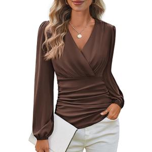 GRACE KARIN Long Sleeve Blouses for Women Dressy Casual, Wrap Tops Work Shirts, 2026 Summer Business Outfits (XX-Large, Coffee)