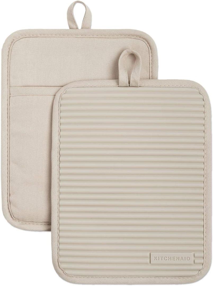 KitchenAid Ribbed Soft Silicone Pot Holder 2-Pack Set, Milkshake Tan, 7"x9"