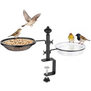 Deck Bird Feeders with Metal Tray and Water Bowl, BOLITE Balcony Bird Feeders Detachable Adjustable Heavy Duty Clamp Bracket, Attracting Birds, Black, Gifts for Women Men