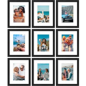 Vittanly 8x10 Picture Frames Set of 9, Shatter Resistant Plexiglass, Display 5x7 Pictures with Mat or 8x10 without Mat, Photo Frames for Wall or Tabletop, Engineered Wood, Black