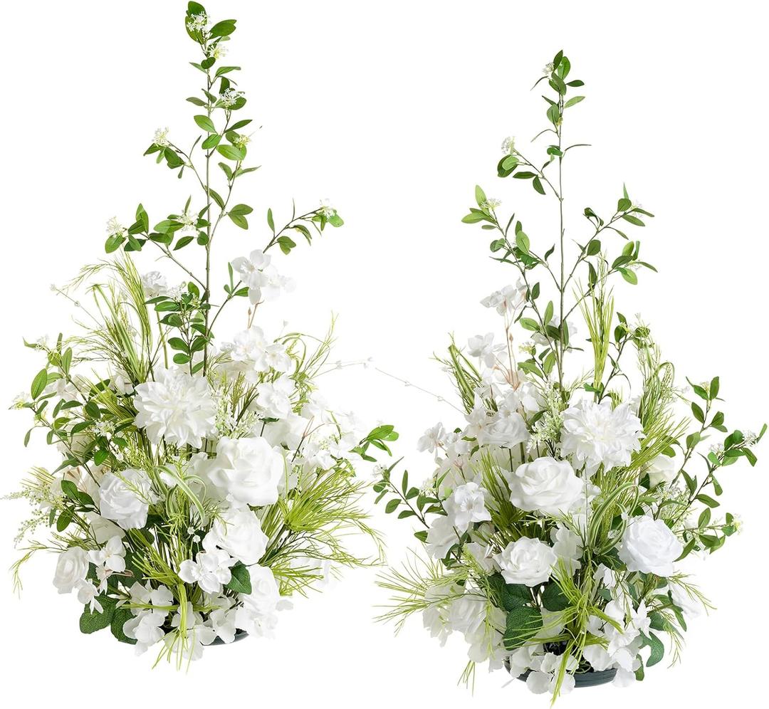 Ling's moment 41.0" Tall Free-Standing Wedding Aisle Artificial Flowers for Ceremony Decor, 2PCS White Walkway Floral Chair Markers, Faux Rose Altar Arch Arrangement Spring Decorations Outdoor (Wht-white & Lily & Olive)