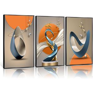 3 Pcs Modern Abstract Canvas Wall art Golden Deer Luxury Foil Lines Paintings Pictures Wall Decor White Blue orange color Grey posters Prints for Living Room Bedroom Office Home Decoration Unframed