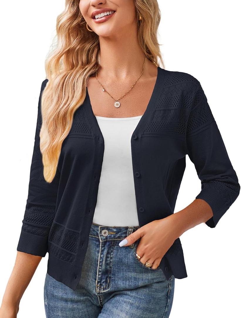 GRACE KARIN Women's 2025 Cropped Cardigan 3/4 Sleeve Lightweight Crochet Shrug Hollowed-Out Knit Sweater Tops (Dark Blue, L)