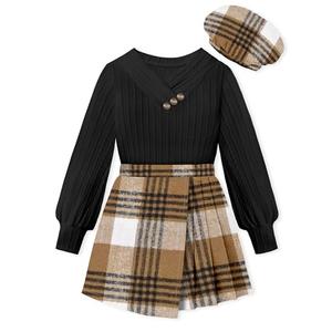 Girls Clothes Skirt Sets Clothes for Girls 12-14 Crossover V-neck Jacquard Puff Sleeve Black Shirts Top + Brown Plaid Mini Skirt Shorts Beret 2 Pieces Fall Winter Warm Outfits for Teens