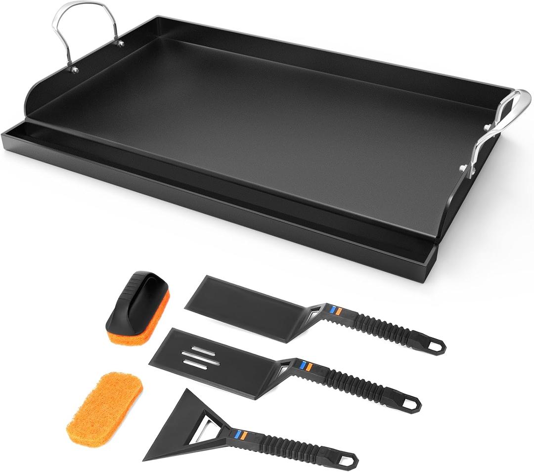 25" x 16" Cast Iron Griddle for Gas Grill with Silicone Griddle Tool Kit, Pre-Seasoned Grill Griddle for Gas/Charcoal Grills, Flat Top Grill Accessories Set with Spatulas, Scraper Cleaning Brush
