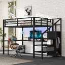 Loft Bed with L-Shaped Desk and USB, Metal Bed with Wardrobe and Adjustable Shelf, High Bed Frame with LED for Bedroom (Black, Full)